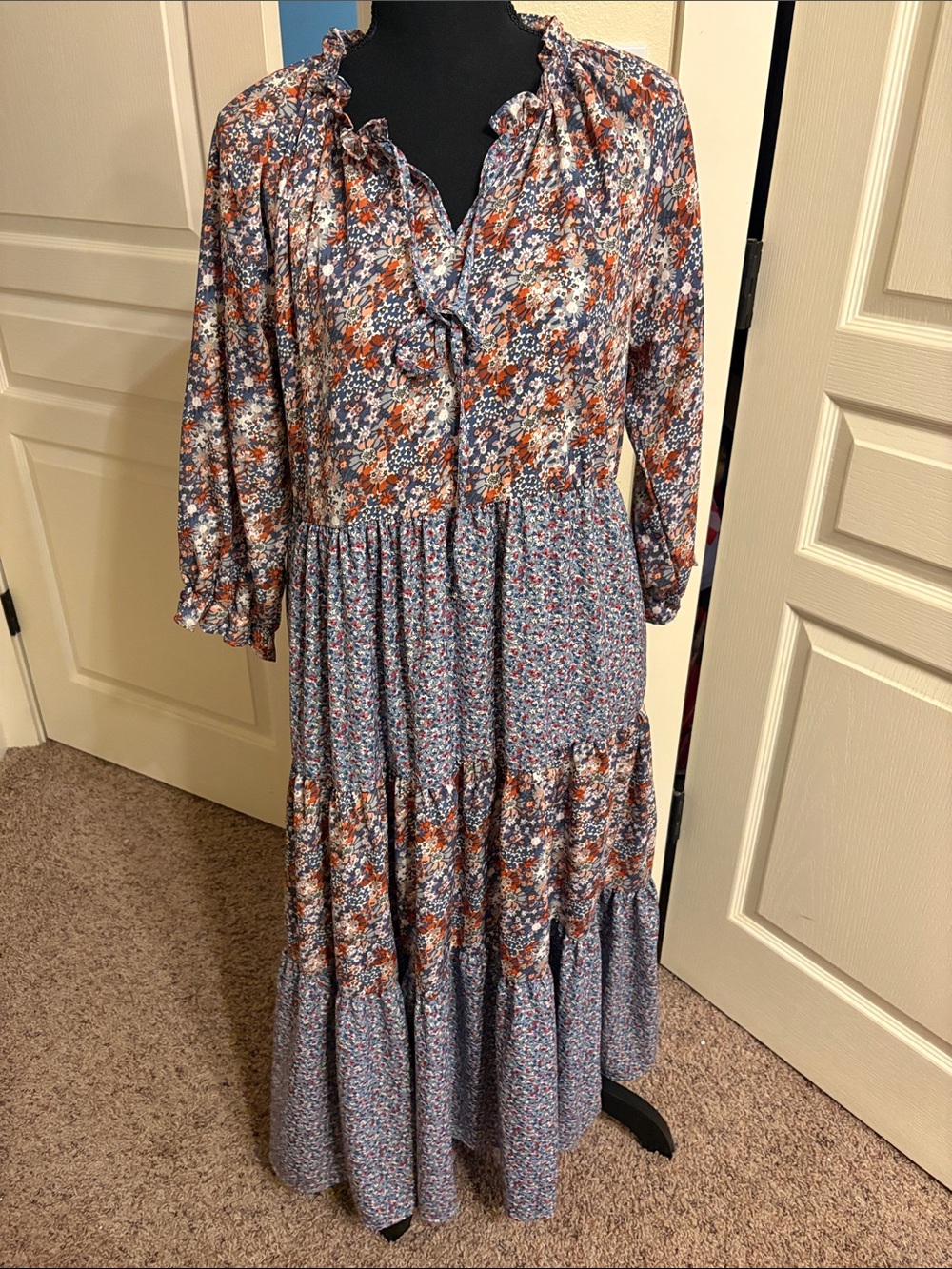 Hayden Blue and Rust Floral Ruffle-Tier Maxi Dress